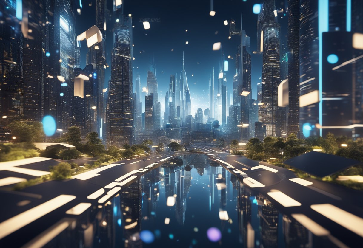 A virtual world with diverse landscapes, futuristic cities, and floating platforms, all connected by streams of data and glowing pathways