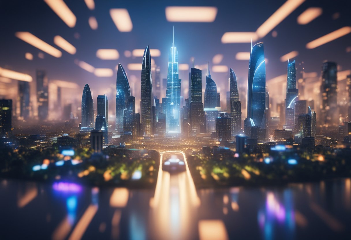 A futuristic cityscape with holographic buildings and virtual avatars interacting in a digital environment