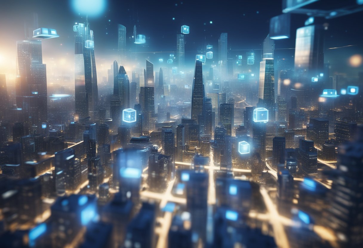 A futuristic cityscape with floating holographic displays and virtual avatars interacting in a digital environment