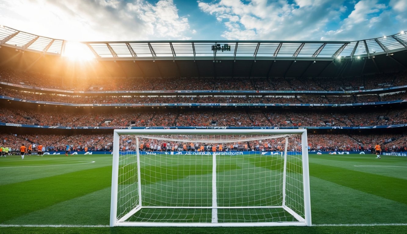 Sebuah stadion yang ramai dengan penggemar yang bersorak, lapangan sepak bola, dan tiang gawang