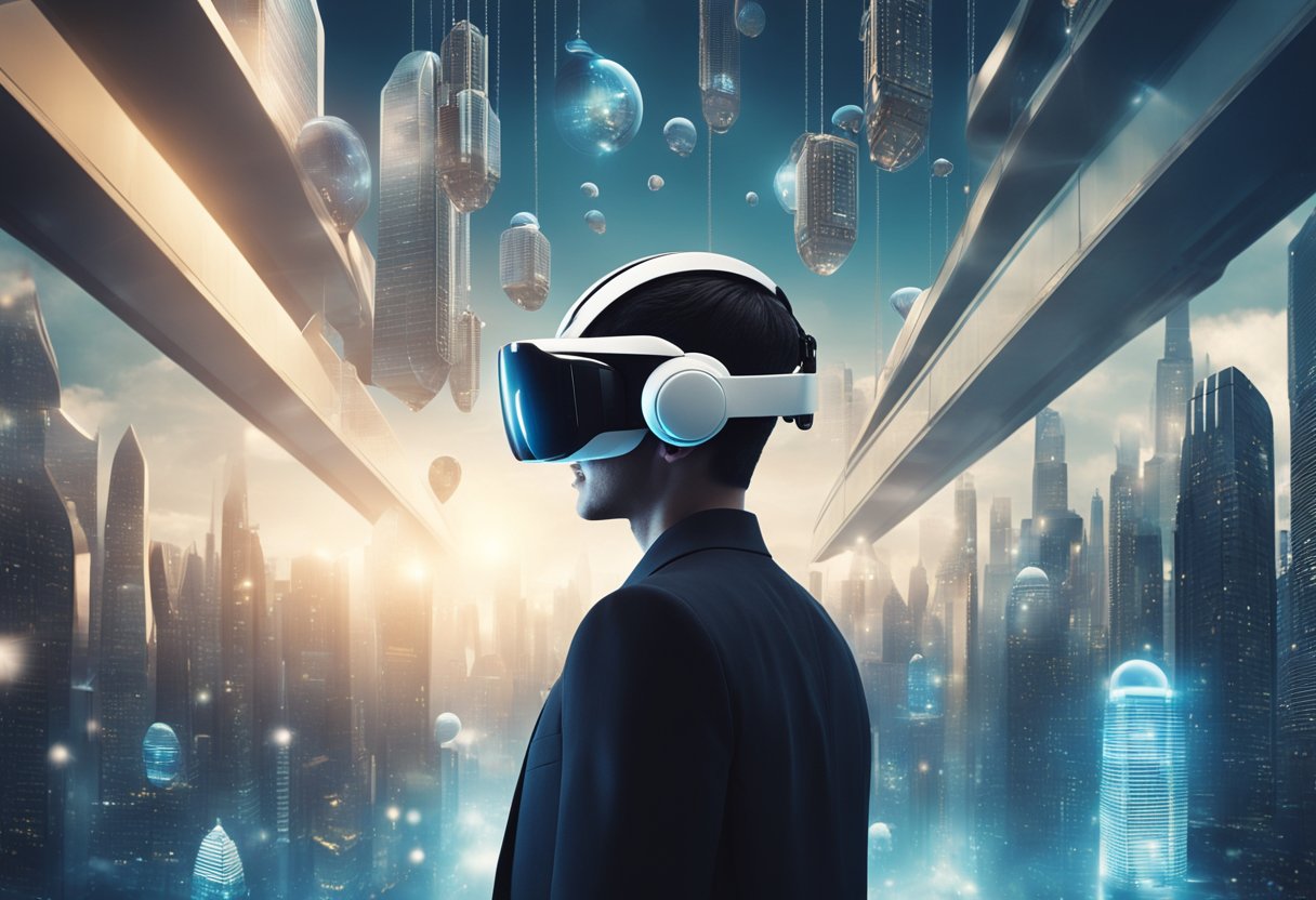 A futuristic cityscape with virtual reality headsets floating in the air, connecting people in a digital metaverse