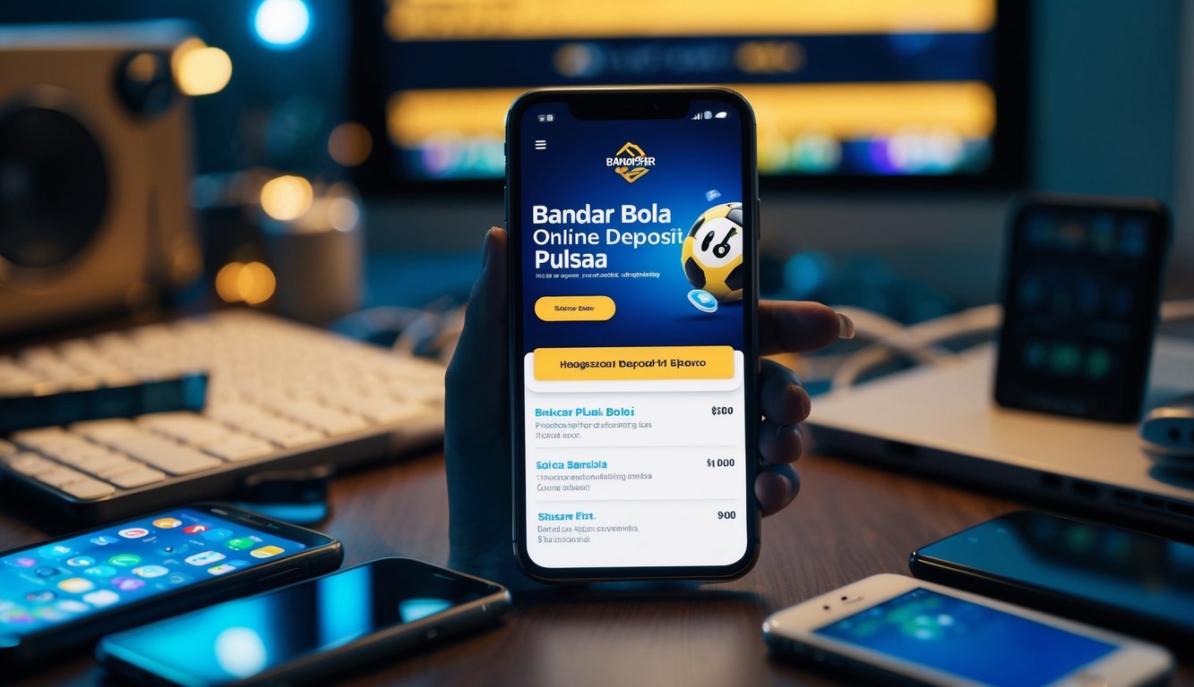 Sebuah smartphone dengan layar yang bersinar menampilkan situs web Bandar Bola Online Deposit Pulsa, dikelilingi oleh berbagai perangkat elektronik