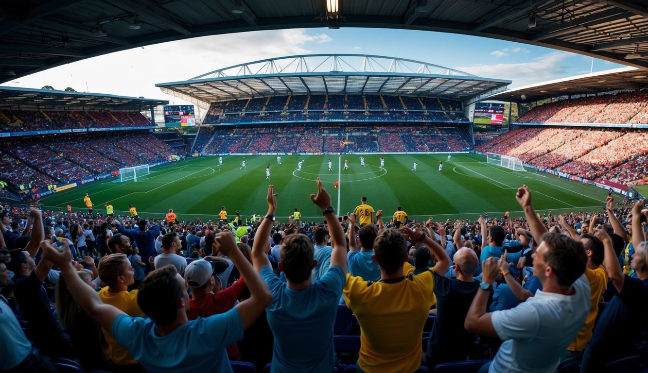 Sebuah stadion sepak bola yang ramai dengan penggemar yang bersorak dan pemain di lapangan