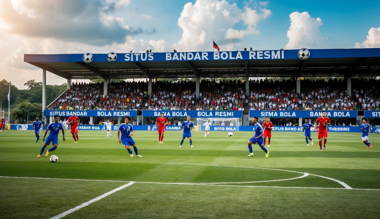 Sebuah lapangan sepak bola dengan pemain yang sedang beraksi, kerumunan yang bersorak dari tribun, dan spanduk yang menampilkan nama "Situs Bandar Bola Resmi."