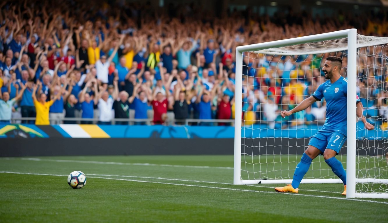 Sebuah lapangan sepak bola yang ramai dengan tiang gawang, sebuah bola, dan penggemar yang antusias bersorak dari tribun