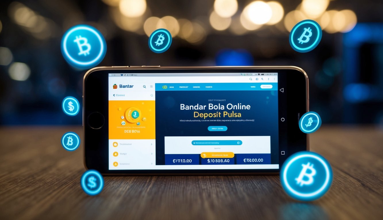 Sebuah smartphone dengan layar yang bersinar menampilkan situs web Bandar Bola Online Deposit Pulsa, dikelilingi oleh simbol mata uang digital yang mengapung