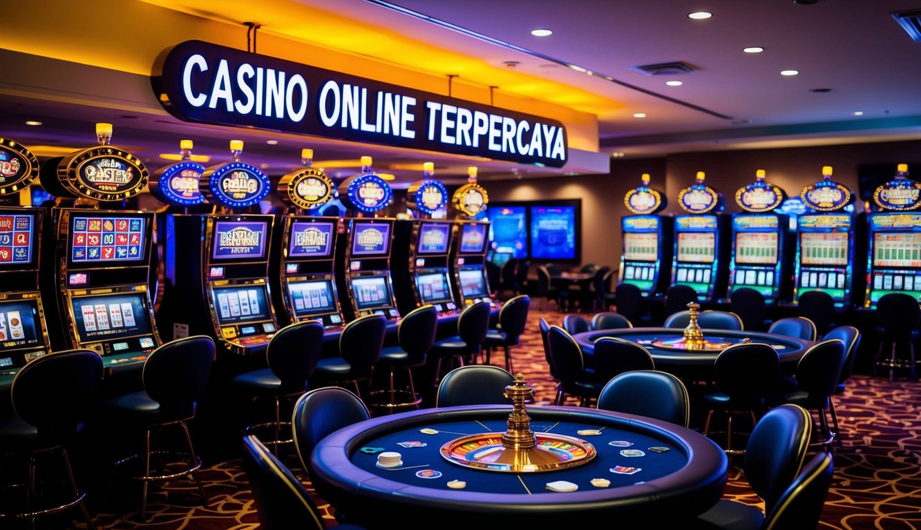 Sebuah kasino yang ramai dengan mesin slot berwarna-warni, meja kartu, dan papan neon yang bersinar bertuliskan "Casino Online Terpercaya" di latar belakang