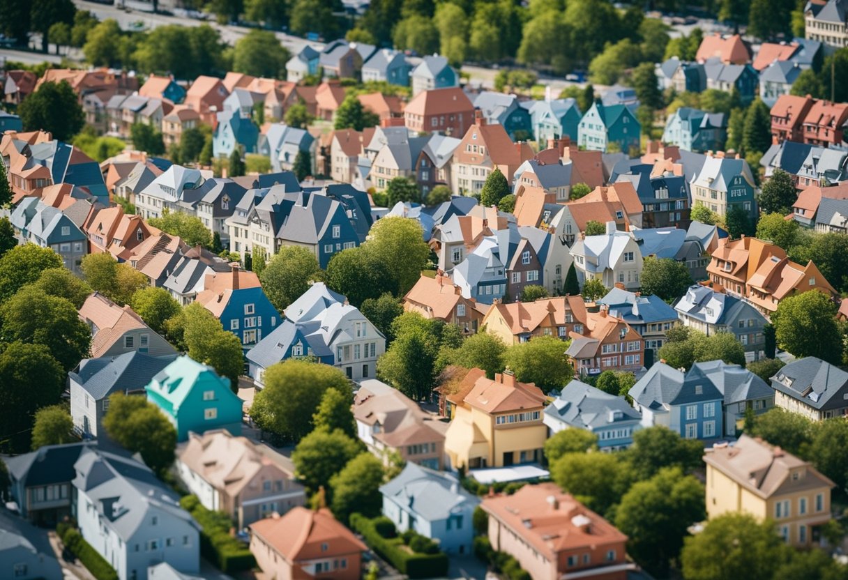 A bustling city street with colorful houses, parks, and schools, surrounded by friendly neighborhoods and happy families