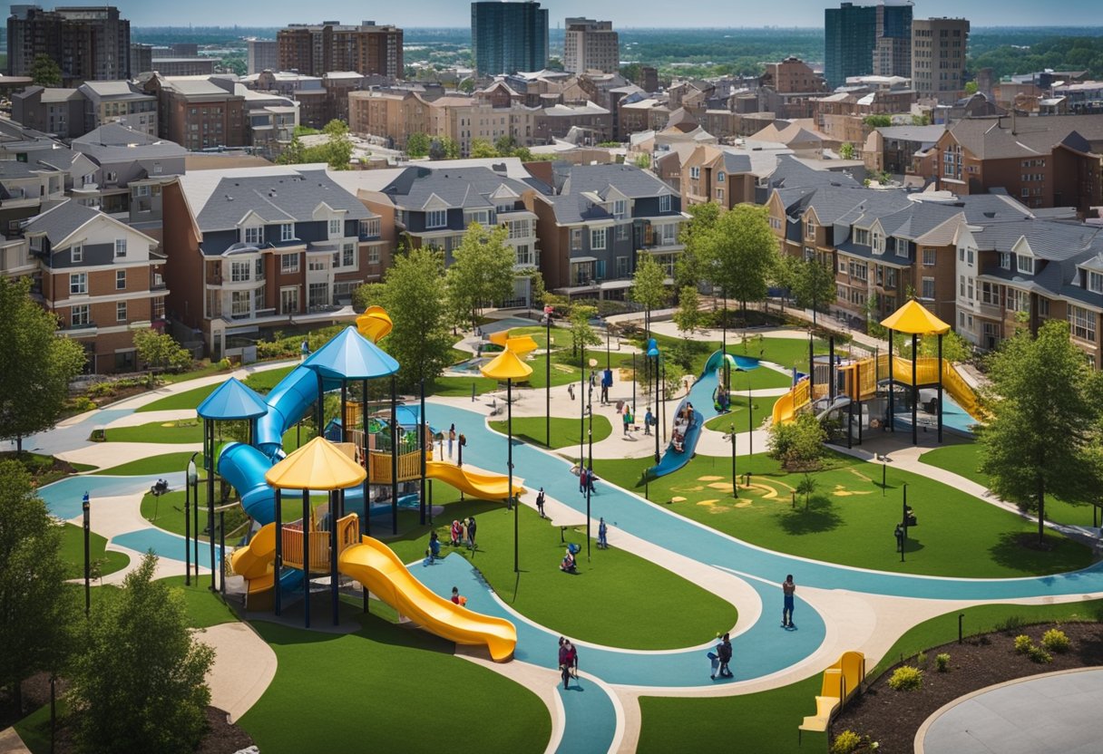 A bustling city street with colorful playgrounds, schools, and family-friendly amenities surrounded by modern real estate developments