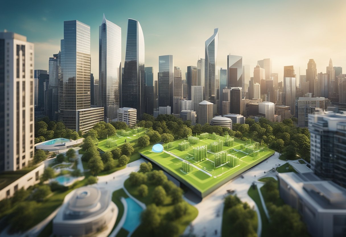 A bustling city skyline with green parks and family-friendly amenities, alongside graphs and charts projecting future market trends