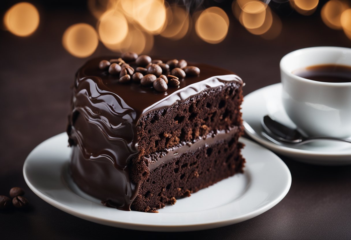 Um bolo de chocolate fofinho está sobre uma mesa ao lado de uma xícara de café fumegante, emitindo um aroma rico e convidativo.