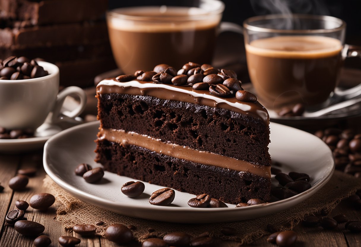 Um bolo de chocolate com sabor de café está sobre uma mesa de madeira rústica, cercado por grãos de café espalhados e uma xícara de café fumegante.