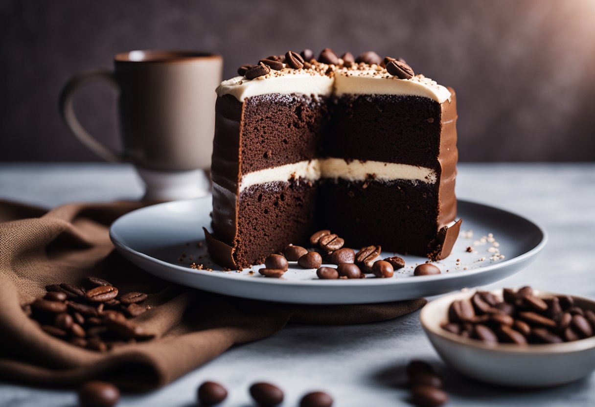 Um bolo de chocolate fofinho com um rico sabor de café, coberto com uma cobertura leve e cremosa. Uma fatia está sobre um suporte de bolo vintage, cercada por grãos de café espalhados e cacau em pó.