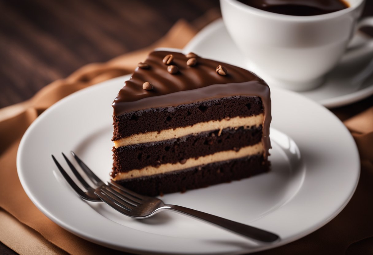 Um bolo de chocolate fofo sendo misturado com café, criando um aroma rico e intenso.