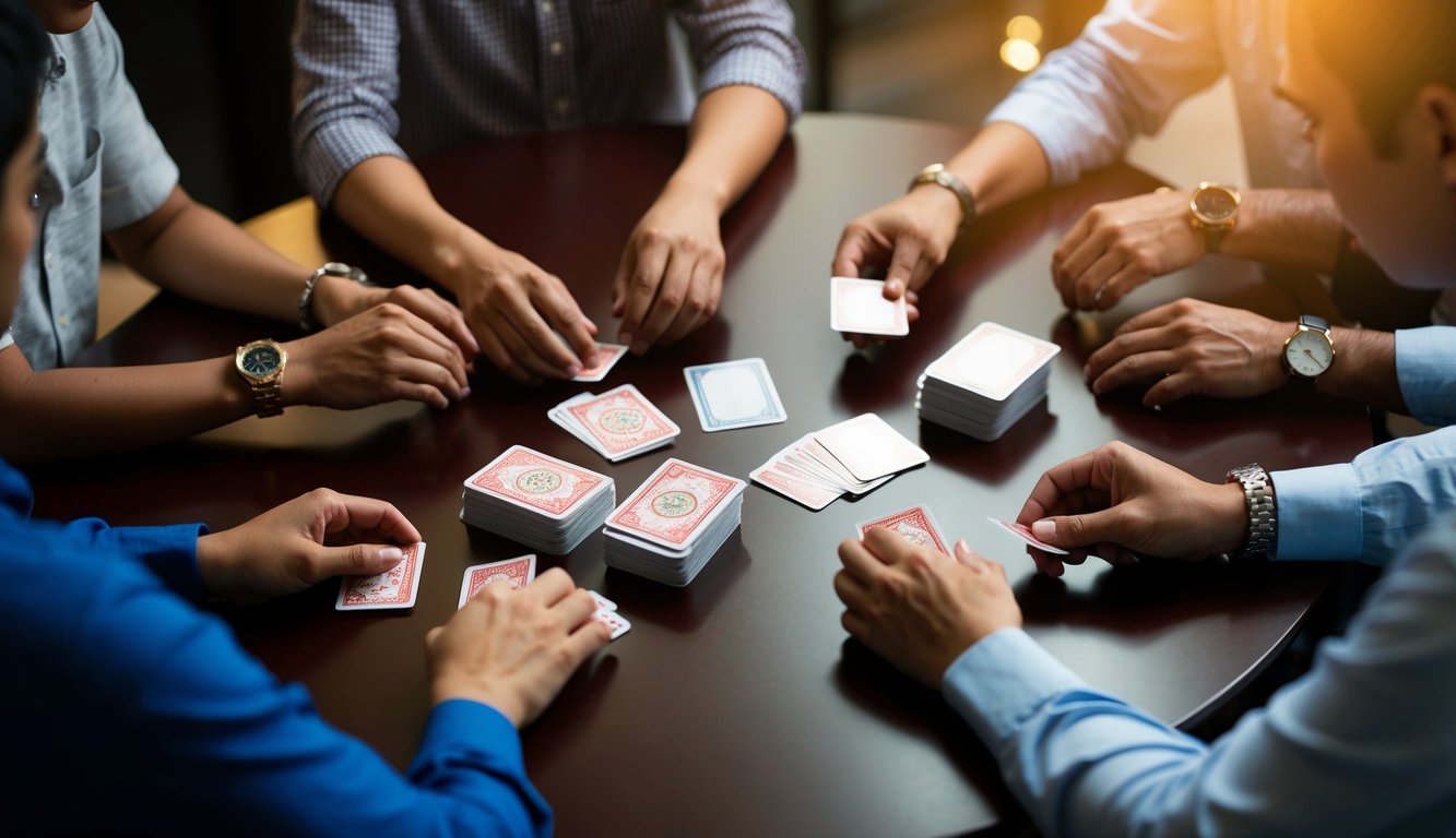 Sekelompok orang duduk di sekitar meja, mengatur dan menumpuk kartu bermain dengan cara yang strategis untuk permainan Capsa Susun.