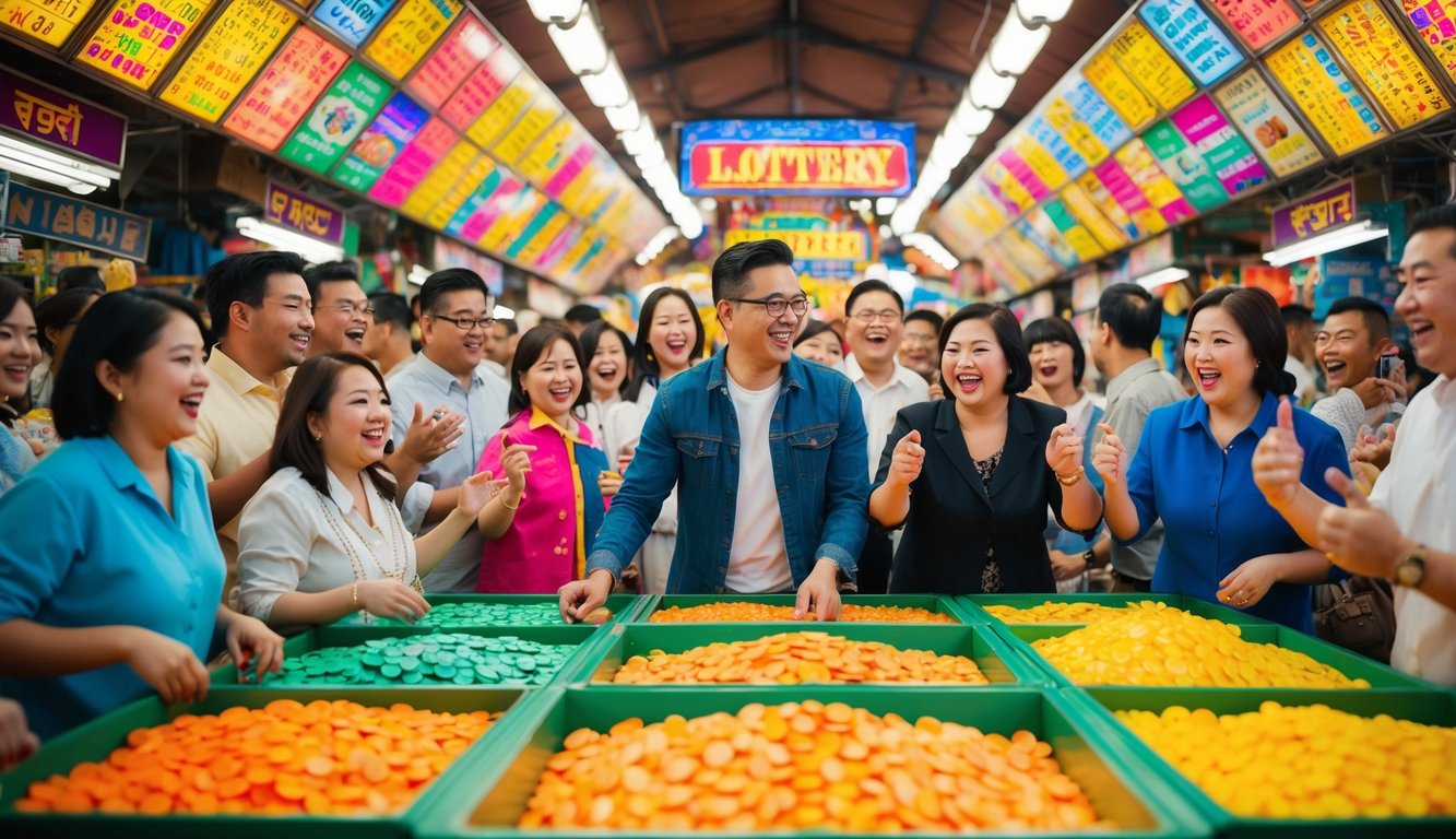 Sebuah pemandangan yang berwarna-warni dan hidup dari pasar yang ramai dengan berbagai permainan lotere dan aktivitas, dikelilingi oleh peserta yang bersemangat dan penuh harapan.