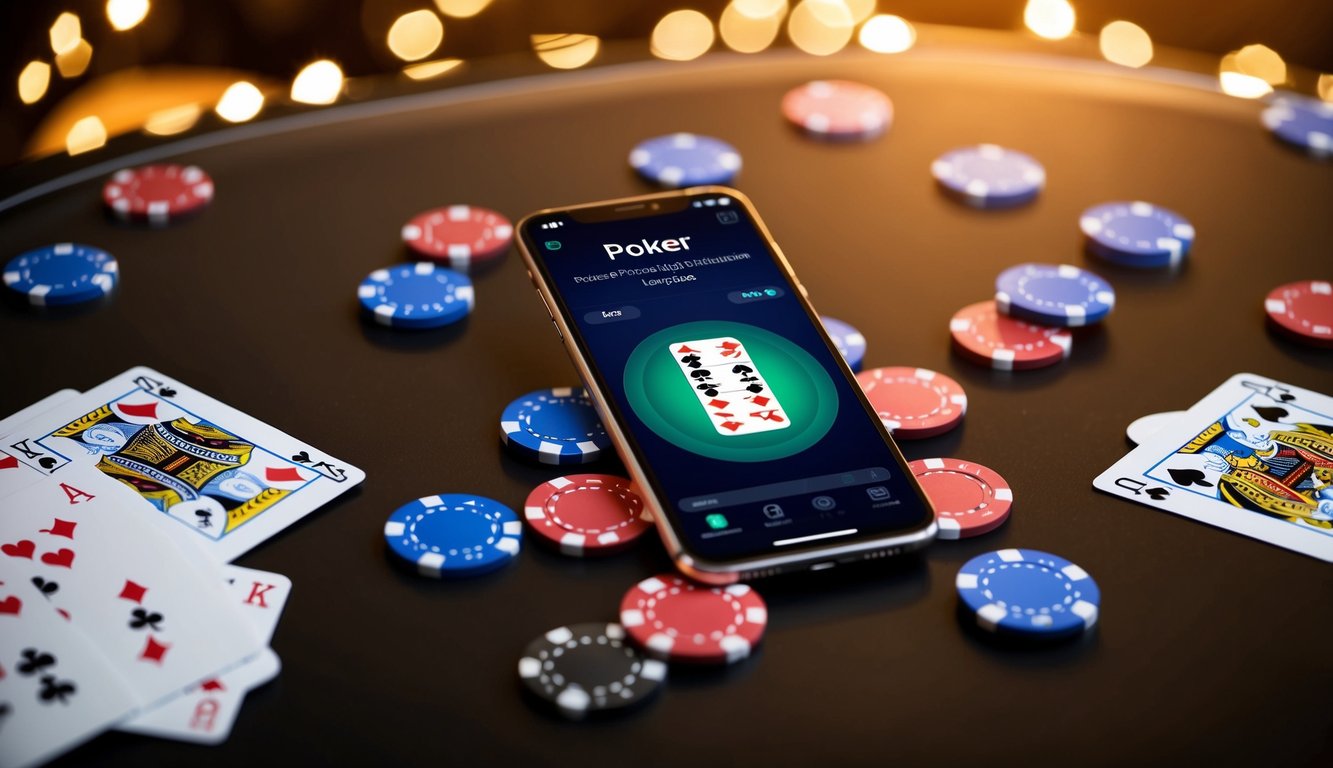 Sebuah smartphone dengan aplikasi poker terbuka, dikelilingi oleh kartu permainan dan chip poker di atas meja