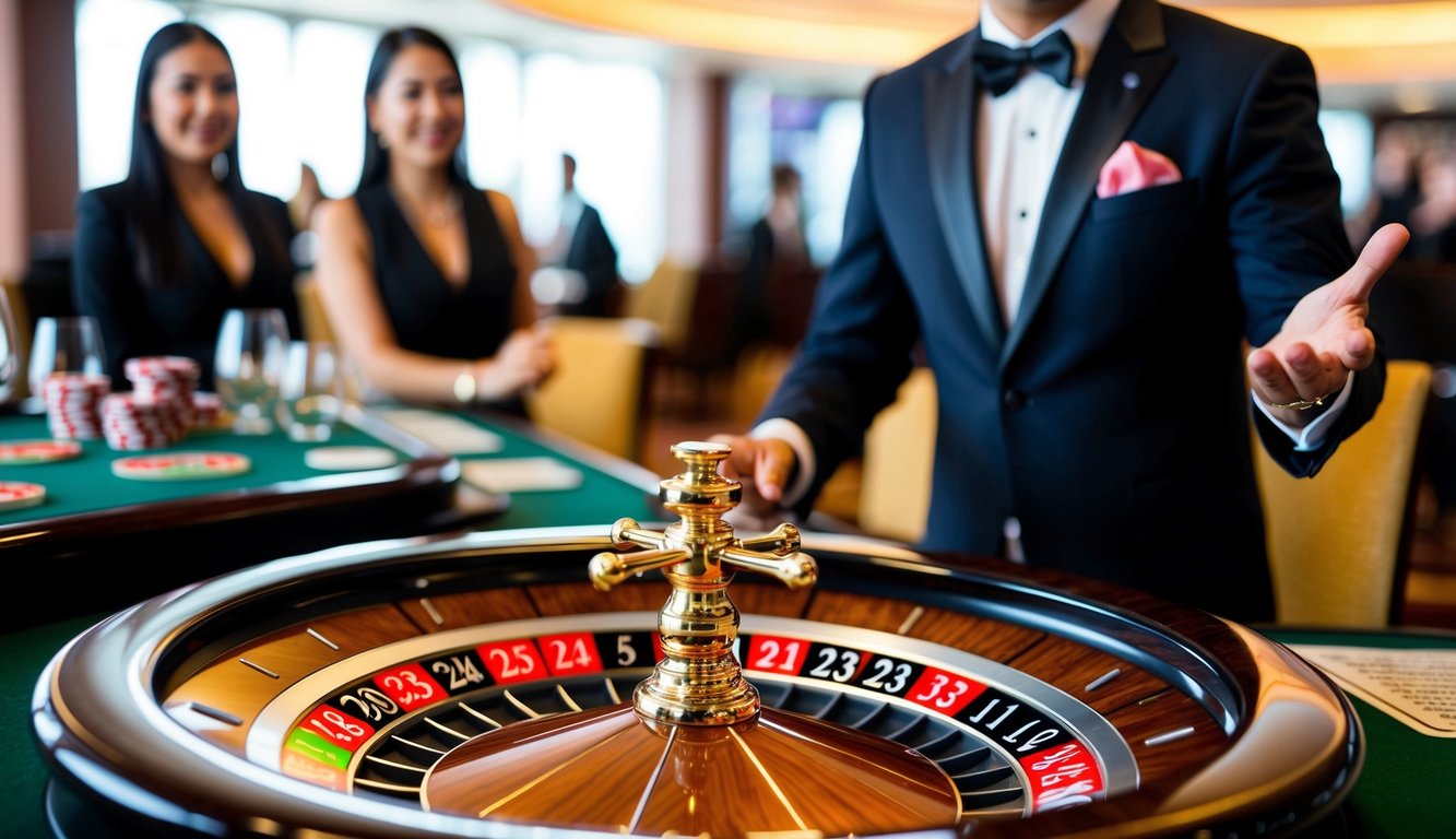 Roda roulette berputar sementara seorang dealer langsung di Indonesia mengumumkan nomor pemenang