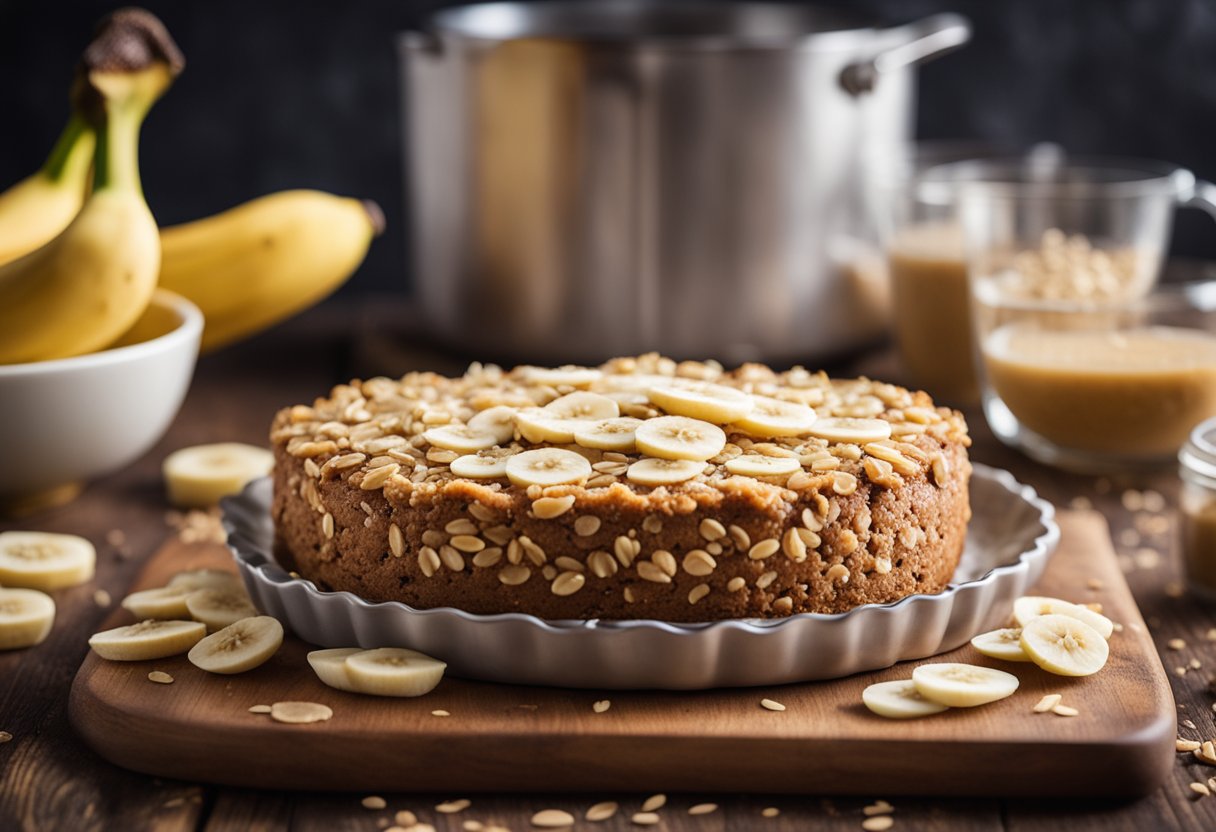 Um bolo vegano de banana e aveia sendo preparado com bananas frescas, aveia e outros ingredientes saudáveis em uma bancada de cozinha de madeira.