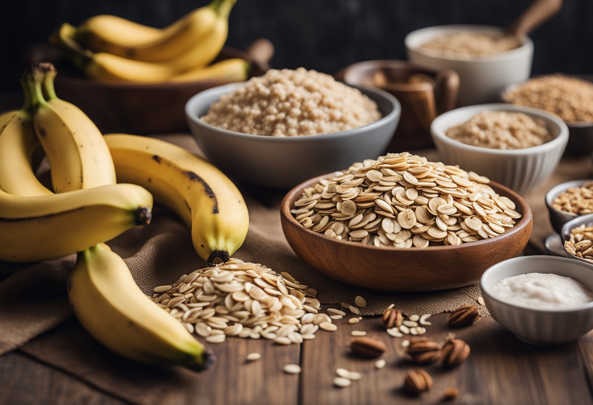 Uma bancada de cozinha rústica com bananas maduras, aveia em flocos e outros ingredientes saudáveis dispostos para fazer um bolo de banana e aveia vegano.