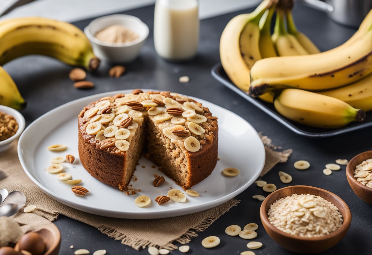 Um bolo de aveia com banana vegano sendo preparado com ingredientes dispostos em uma bancada de cozinha, incluindo bananas maduras, aveia e outros itens saudáveis para assar.