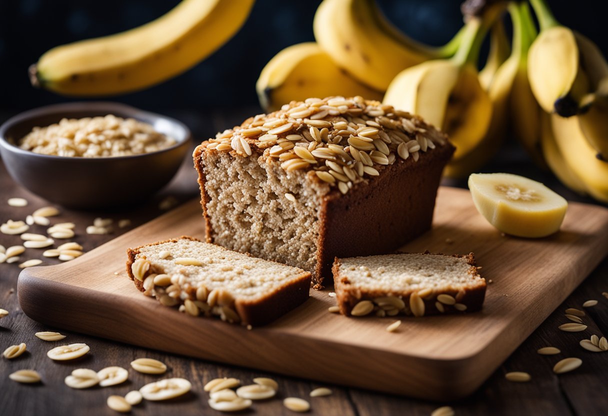 Um bolo vegano de banana e aveia sendo fatiado em uma tábua de madeira, com algumas aveias e fatias de banana espalhadas nas proximidades.