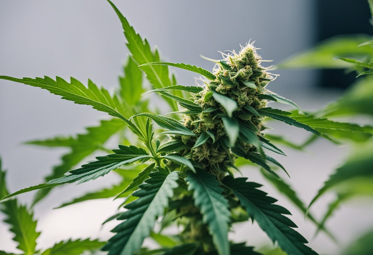 A cannabis plant being carefully pruned and trained using various techniques to optimize yield and growth