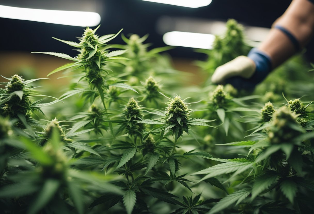 A cannabis plant being carefully pruned and trained using advanced techniques to maximize yield