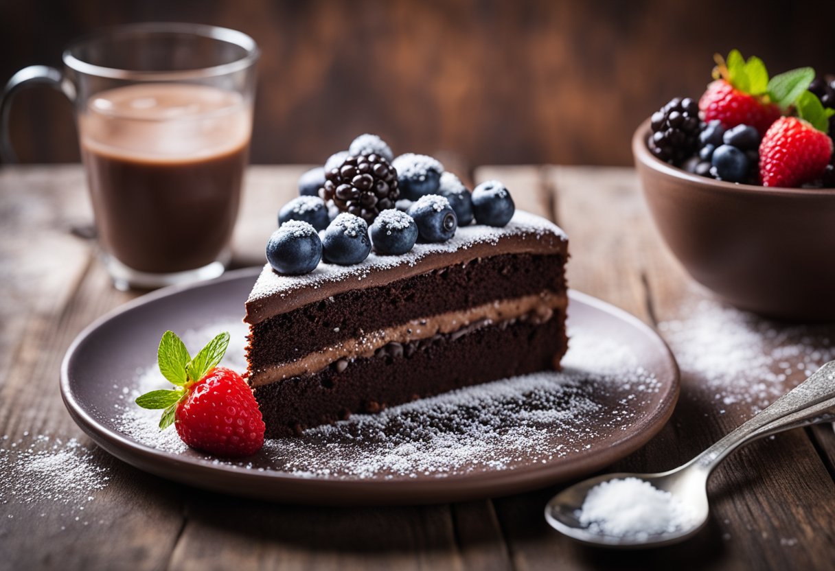 Uma mesa rústica de madeira com um decadente bolo de chocolate vegano e sem glúten, cercado por frutas vermelhas frescas e uma camada de açúcar de confeiteiro.