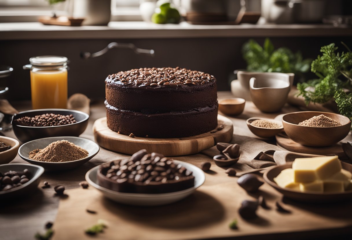 Uma bancada de cozinha rústica com uma variedade de ingredientes orgânicos, sem glúten e veganos dispostos para uma receita de bolo de chocolate