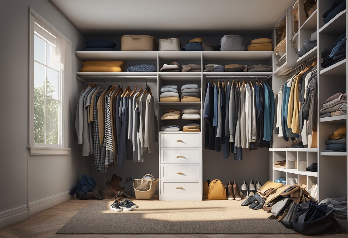 A cluttered closet with clothes strewn about, a mix of hangers and folded items, with a pile of discarded items on the floor