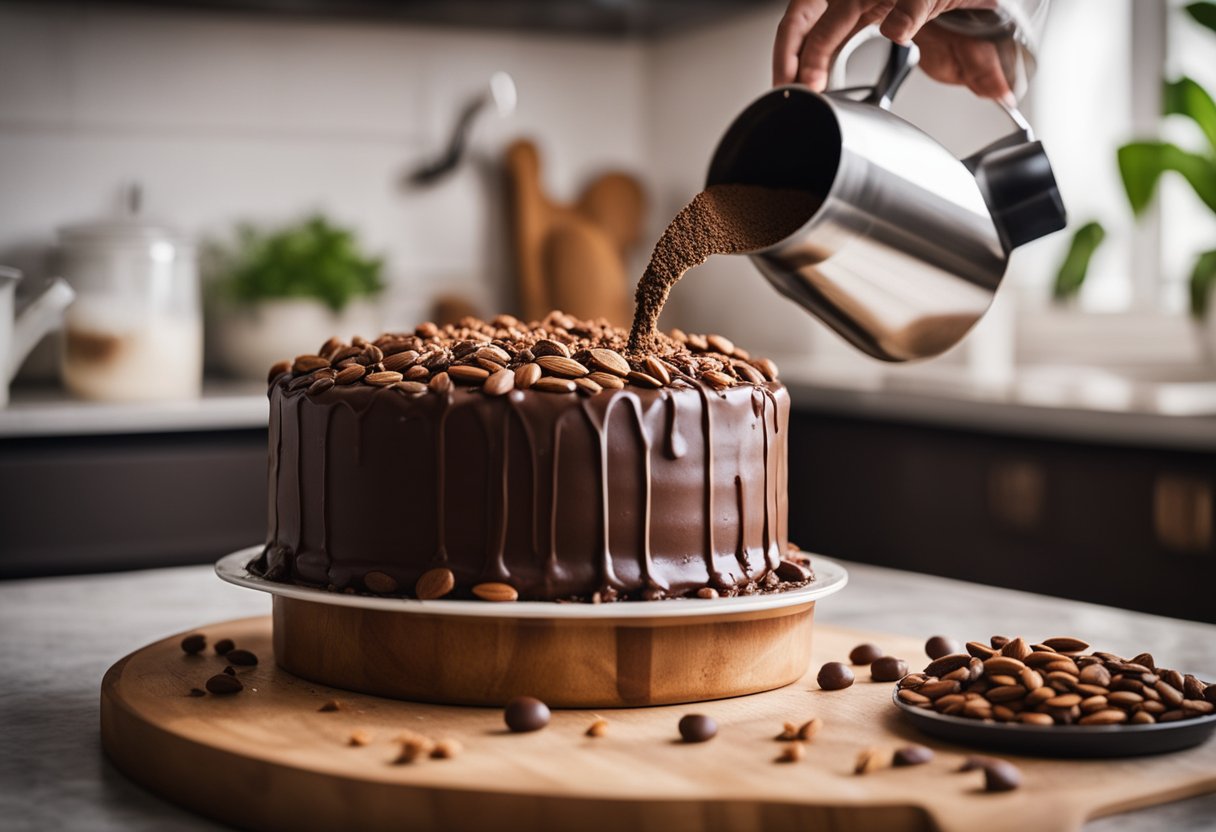 Um bolo vegano e sem glúten de chocolate sendo misturado e despejado em uma forma de bolo, com ingredientes como farinha de amêndoa, cacau em pó e leite vegetal em uma bancada de cozinha.