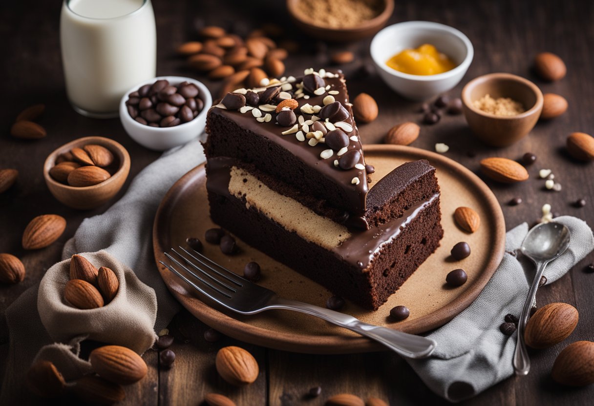 Um bolo de chocolate em uma mesa, cercado por vários ingredientes como farinha de amêndoa, leite de coco e gotas de chocolate vegano.