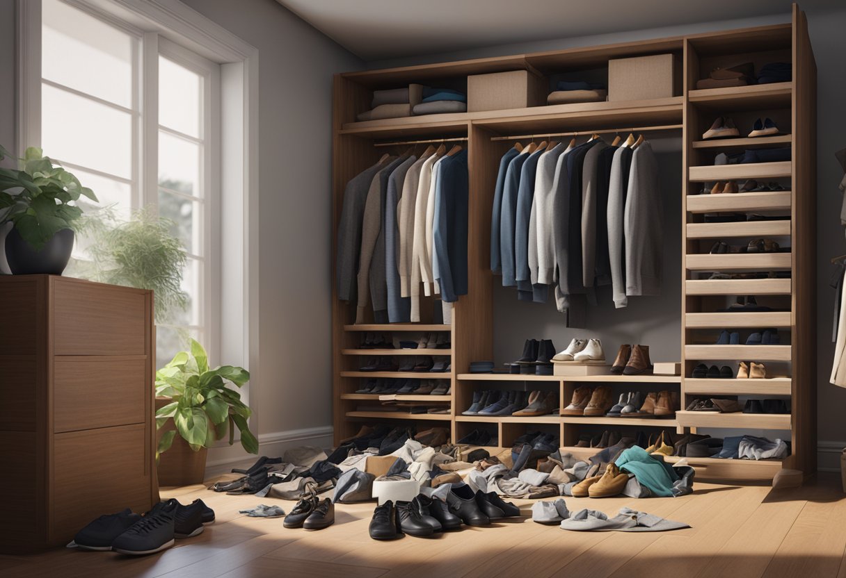 A cluttered closet with clothes spilling out, boxes stacked haphazardly, and shoes scattered on the floor