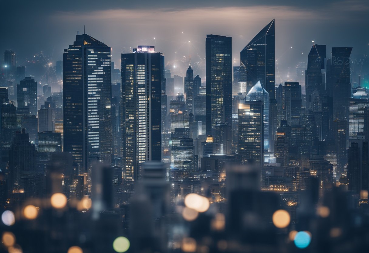 A modern city skyline with various real estate properties, surrounded by economic indicators and charts showing inflation impact