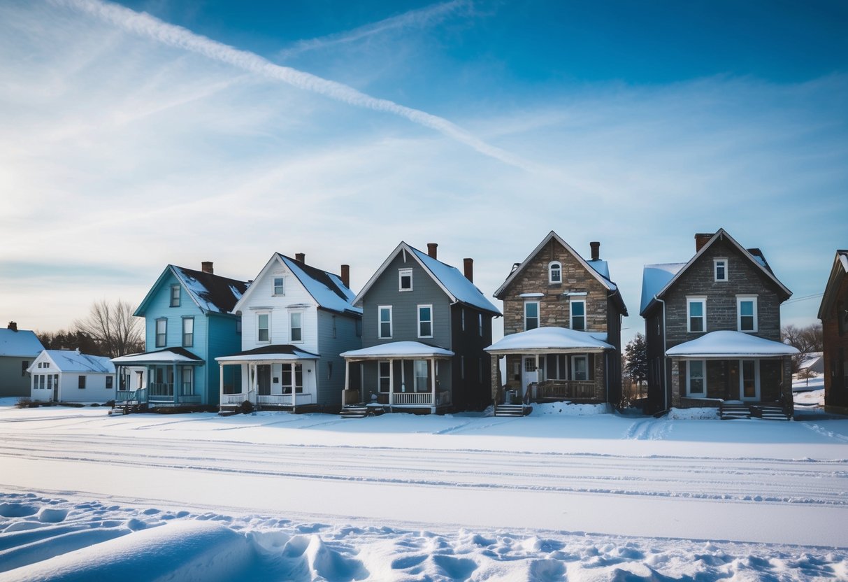 A snow-covered Ohio landscape with a row of houses, each with different aged roofs, ranging from new to weathered and worn