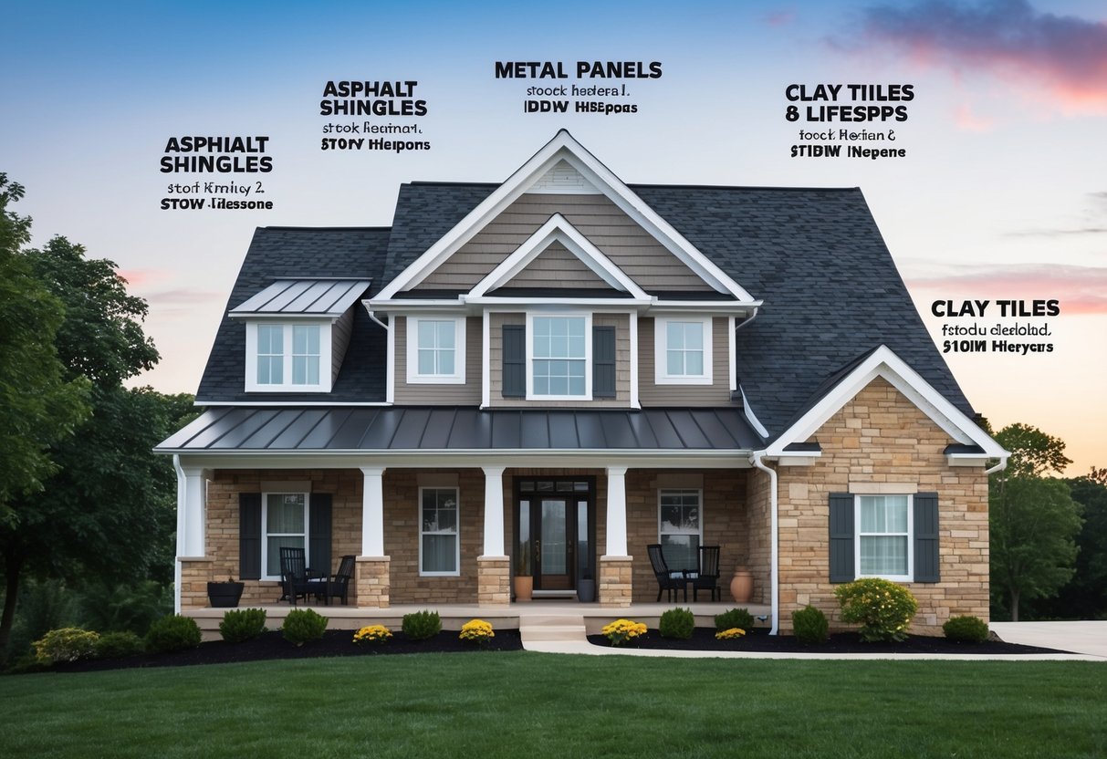 A house in Ohio with various types of roofing materials, including asphalt shingles, metal panels, and clay tiles, each labeled with their respective lifespans