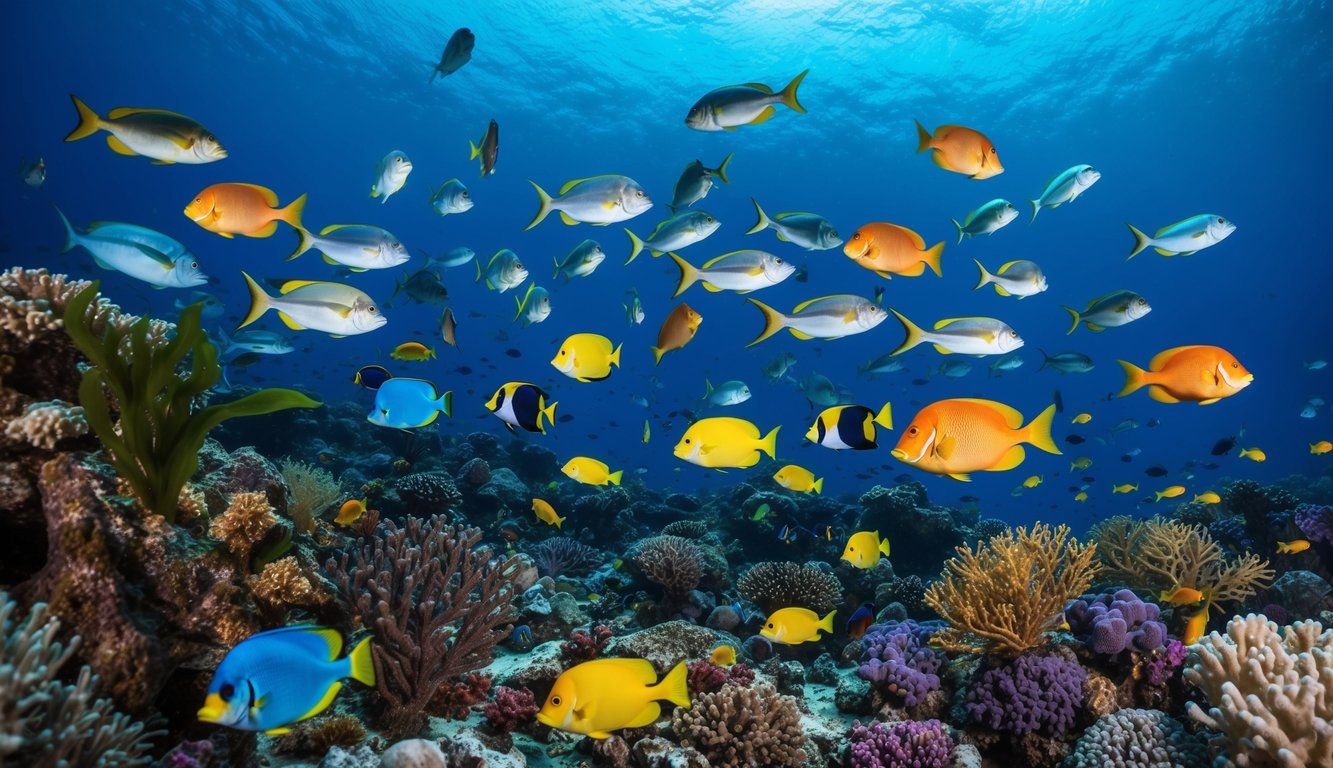 Sebuah dunia bawah laut yang berwarna-warni dengan berbagai jenis ikan yang berenang di sekitar terumbu karang dan rumput laut