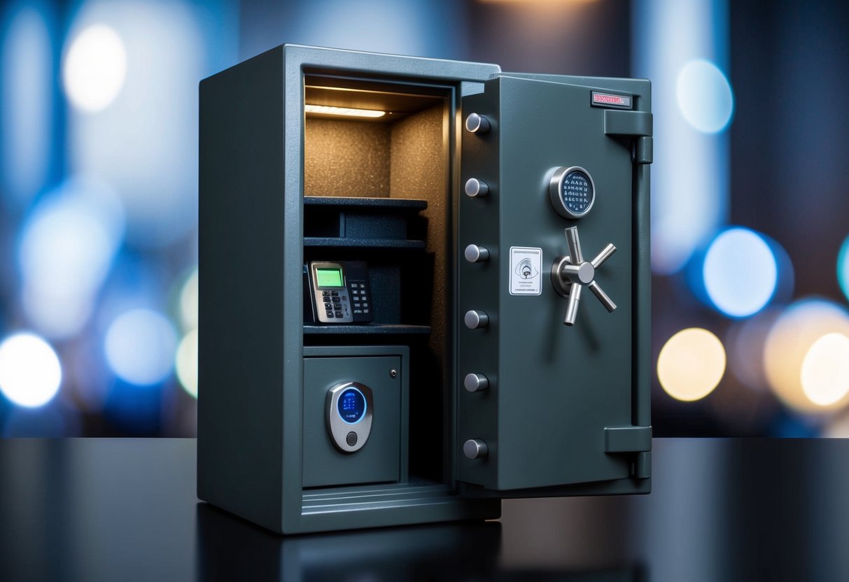 A sleek, modern gun safe with biometric and keypad locks, LED lighting, and durable steel construction