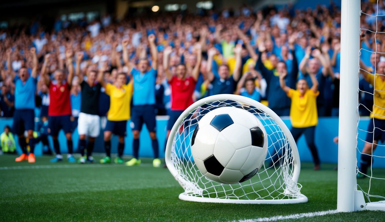 Sebuah bola sepak yang menggelinding ke dalam jaring gawang, dikelilingi oleh penggemar yang bersorak di stadion