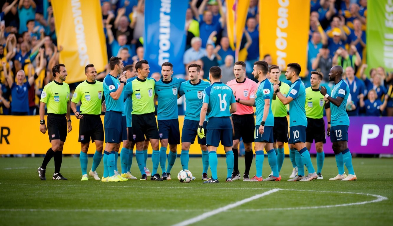 Sekelompok pemain sepak bola dan wasit berkumpul di lapangan, dikelilingi oleh penggemar yang bersorak dan spanduk tim berwarna cerah.