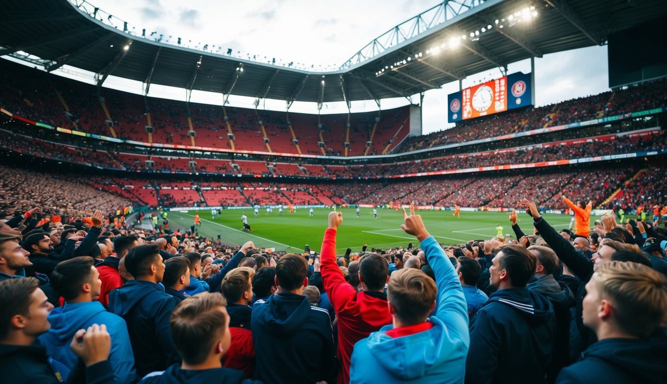 Sebuah stadion sepak bola yang ramai dengan para penggemar yang bersorak dan papan skor besar