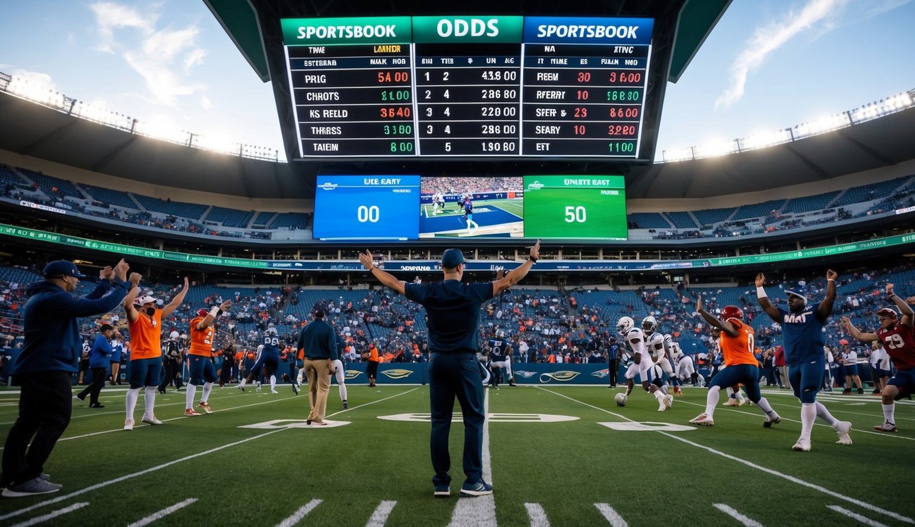 Sebuah sportsbook dengan odds yang ditampilkan di layar digital, dikelilingi oleh penggemar yang bersorak dan atlet yang beraksi di lapangan