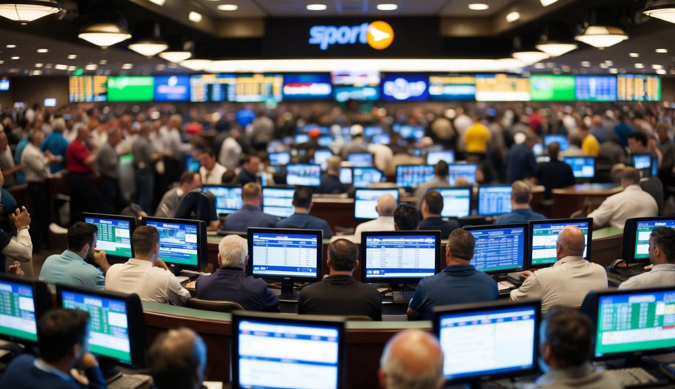 Sebuah sportsbook yang ramai dengan penjudi yang mempelajari layar dan memasang taruhan di konter. Suasana yang hidup dengan sorakan dan fokus yang intens.