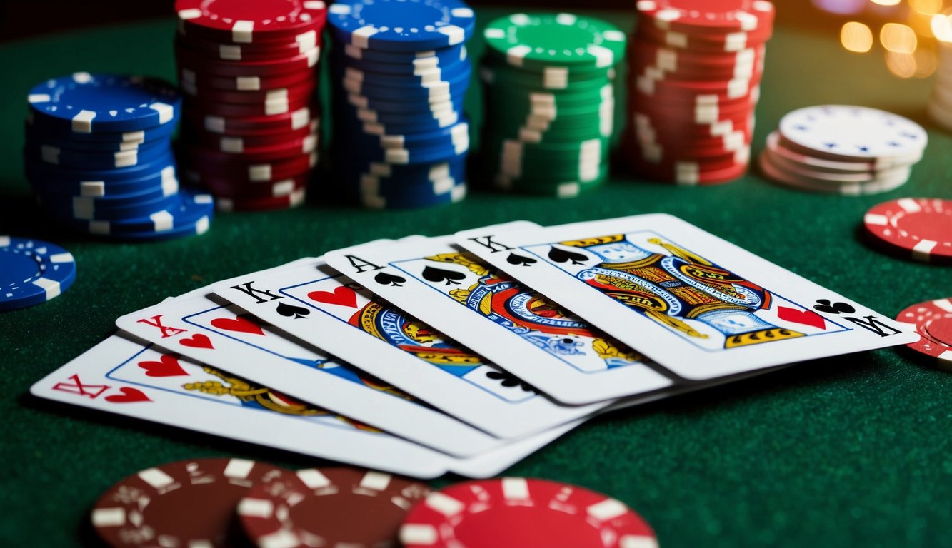 Sekelompok kartu bermain berwarna-warni tersebar di atas meja felt hijau, dengan chip poker yang ditumpuk di latar belakang