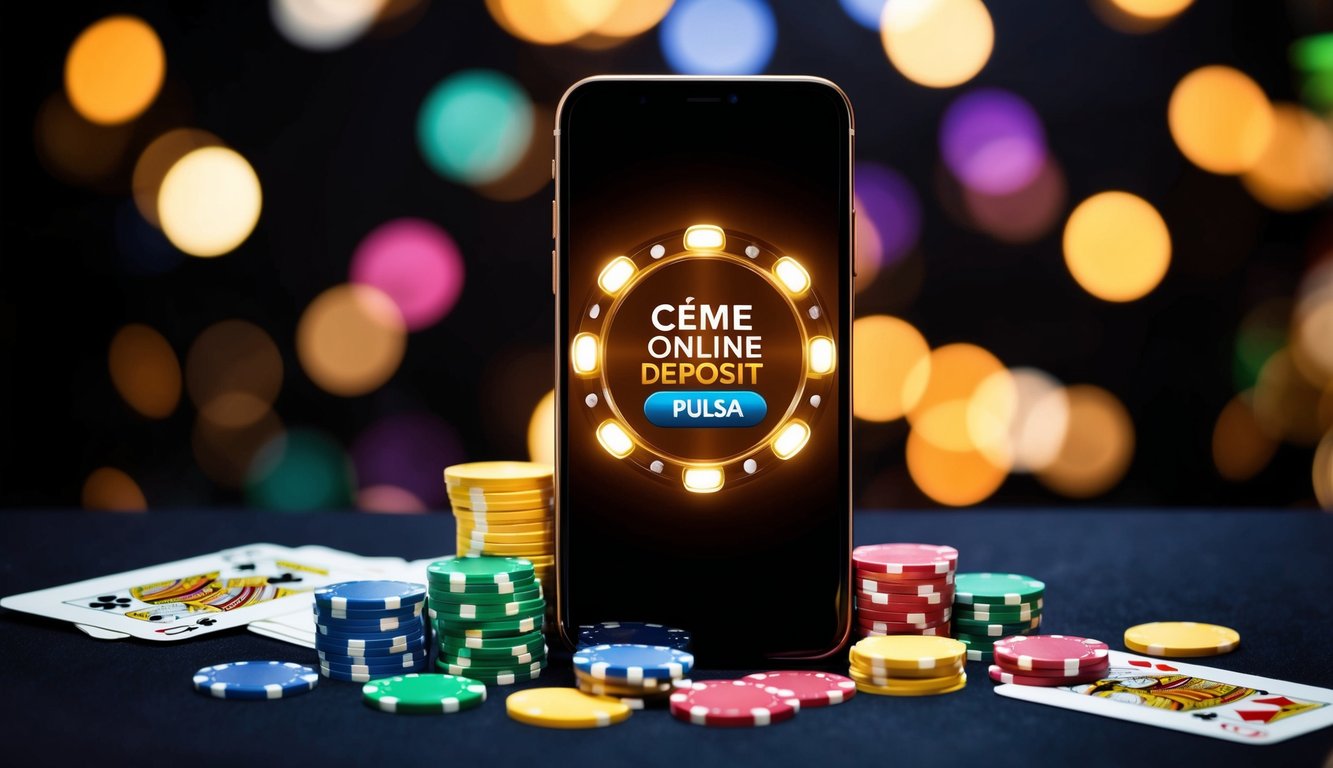 Sebuah smartphone dengan layar yang bersinar menampilkan antarmuka Ceme Online Deposit Pulsa, dikelilingi oleh chip kasino berwarna-warni dan kartu bermain