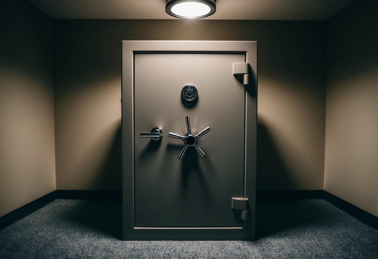 A heavy gun safe sits in a dimly lit room, its thick metal exterior gleaming under the soft glow of a single overhead light