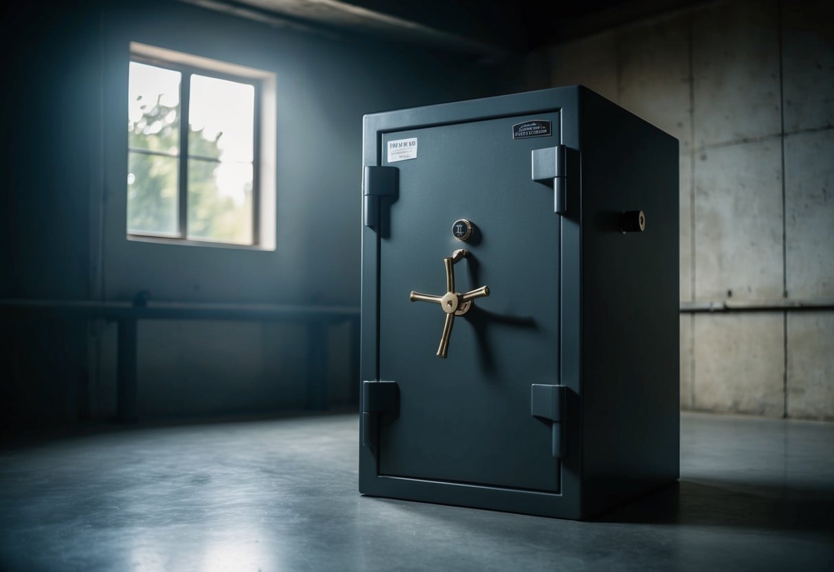 A heavy gun safe sits in a dimly lit room, its thick steel walls and multiple locks suggesting security and protection