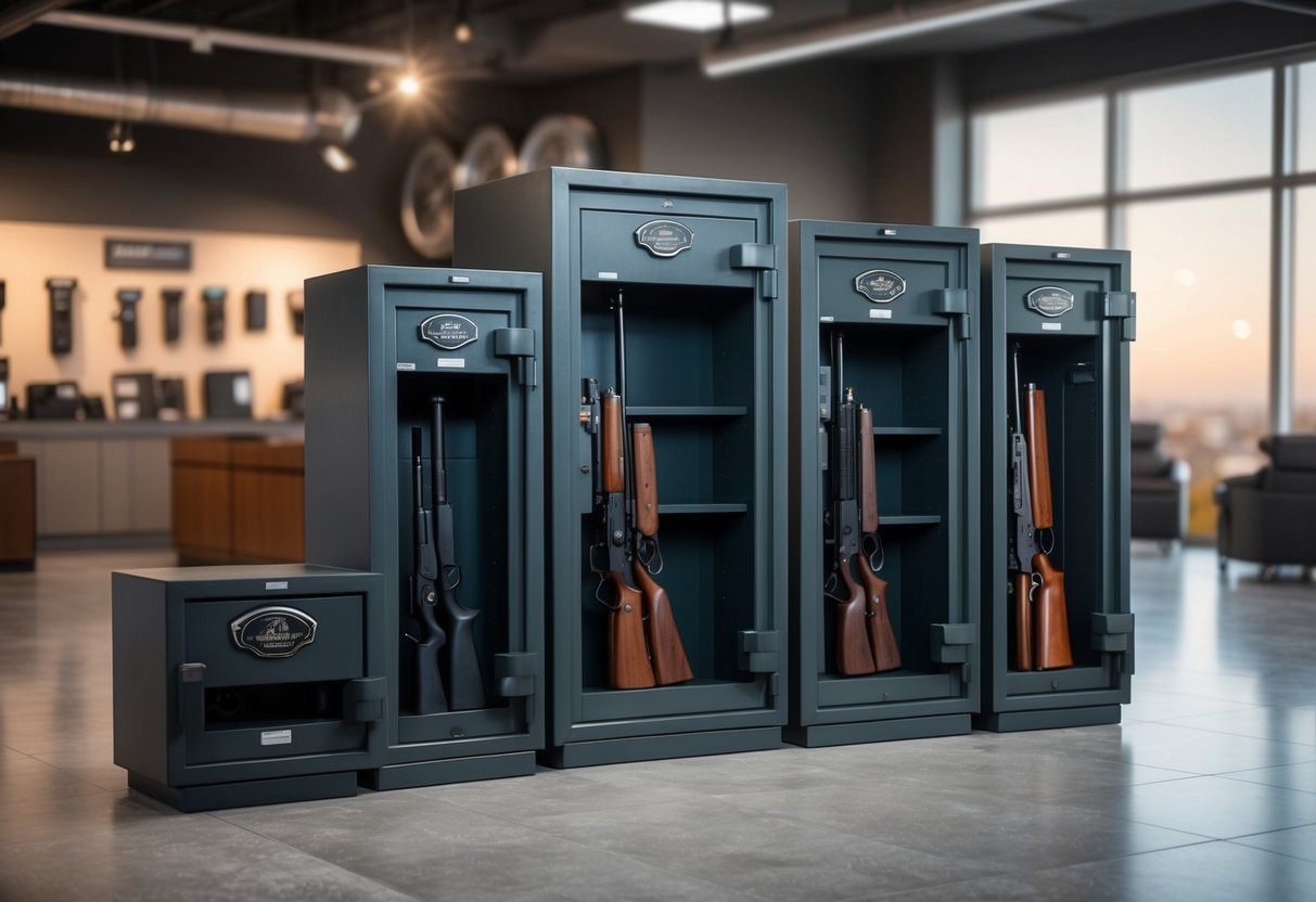 A heavy gun safe with various size and capacity options displayed in a spacious and secure showroom