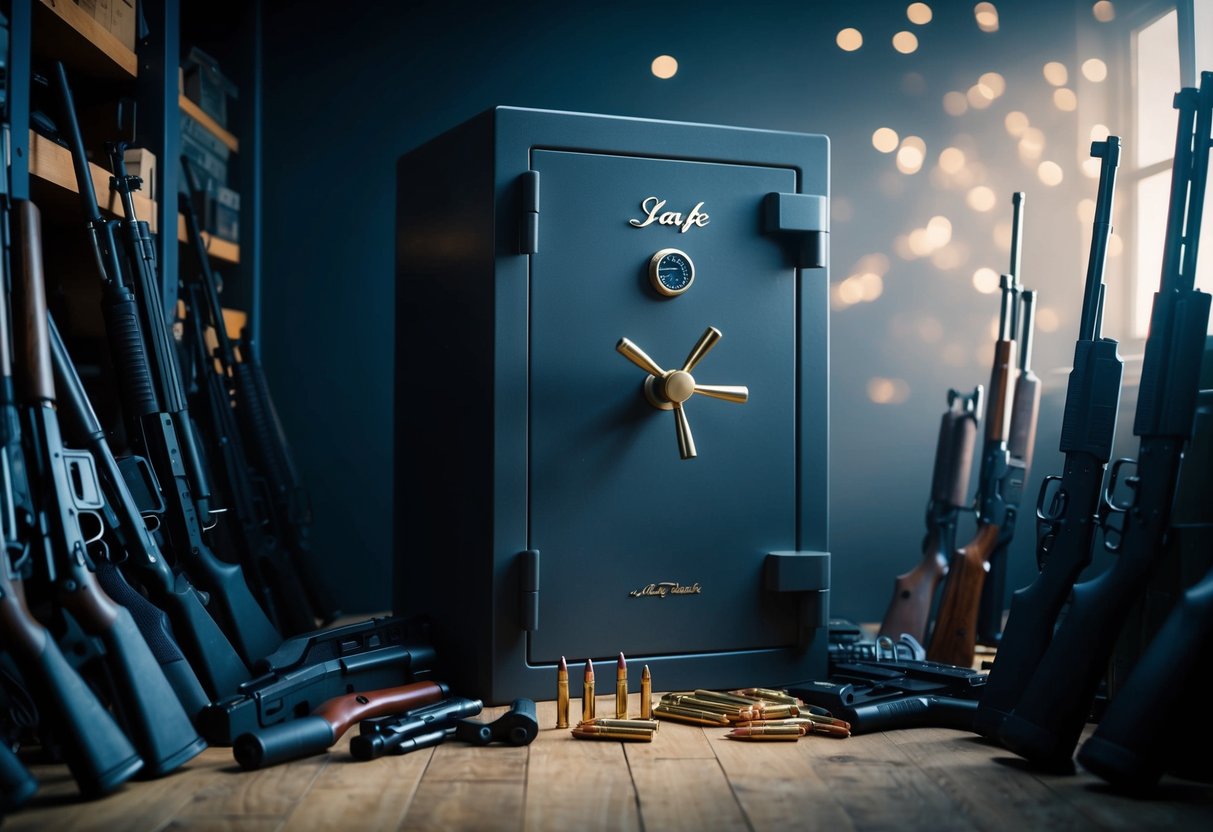 A heavy gun safe with additional features sits in a dimly lit room, surrounded by various firearms and ammunition